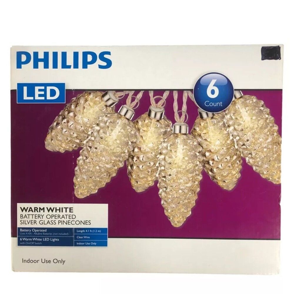 Philips Silver Glass Pinecone Lights 6 Warm White‎ LED Battery Operated